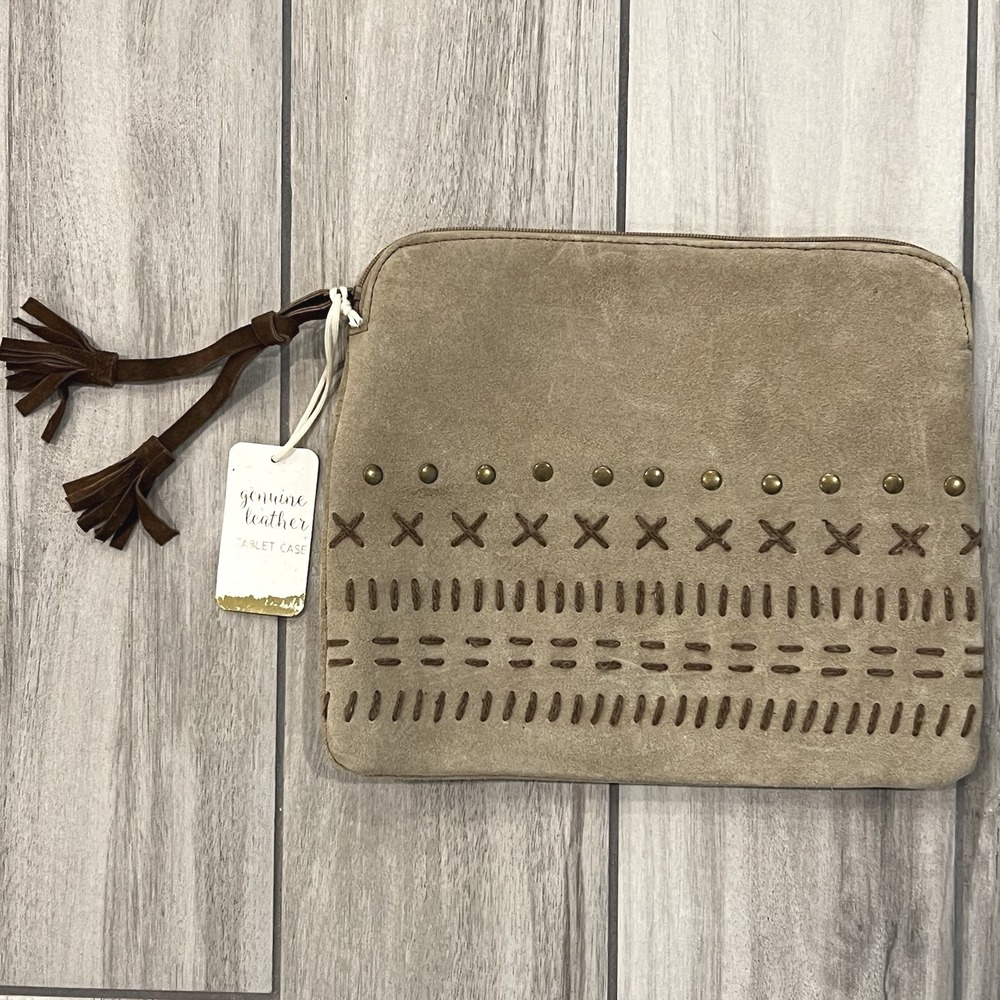 Genuine Leather Tablet Case Women Tan NEW Suede Studded Boho Whipstitch Clutch
